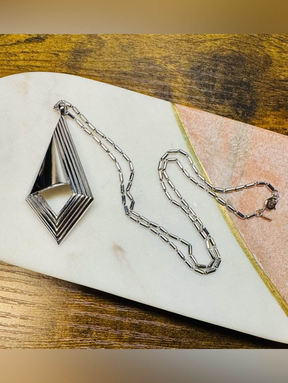 Monet Silver Tone Geometric Pendant Necklace Long Statement - Picture 2 of 7
